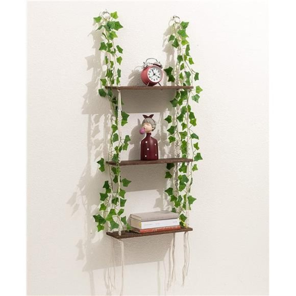 3 Tier Macrame Wall Hanging Shelves with Artificial Ivy Leaves,Boho Room Decor - Picture 1 of 6